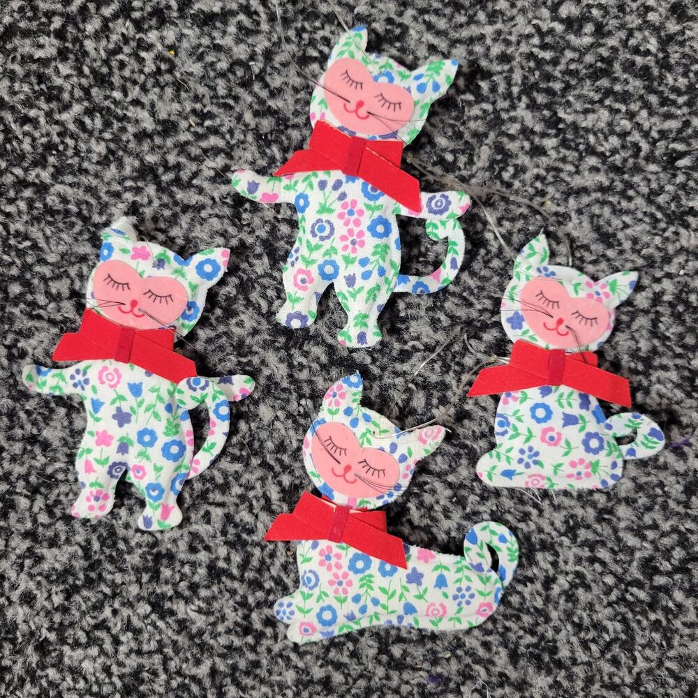 Vintage Christmas Kitschy Floral Kitty Cat Tree Ornaments, set of 4